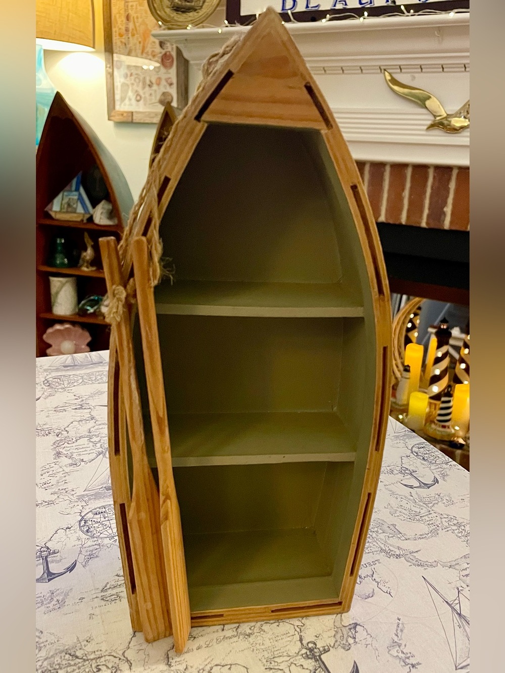 Nautical Wooden Rowboat Wall Shelf with 2 Paddles | Coastal Beach Décor